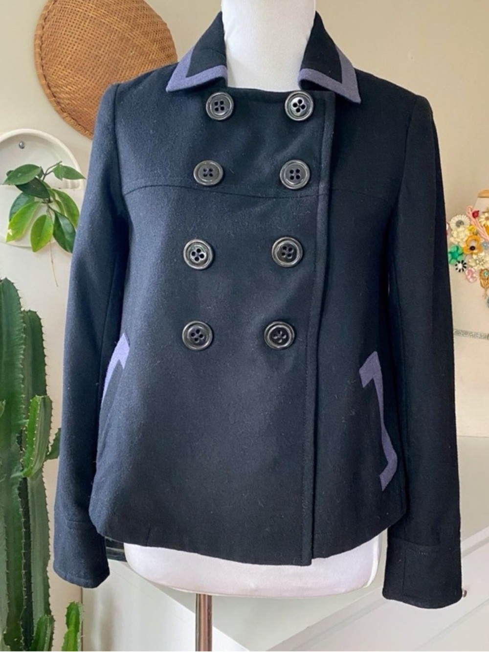 Boden Wool Double Breasted Button Pea Coat Military Style Black with Grey Trim 8